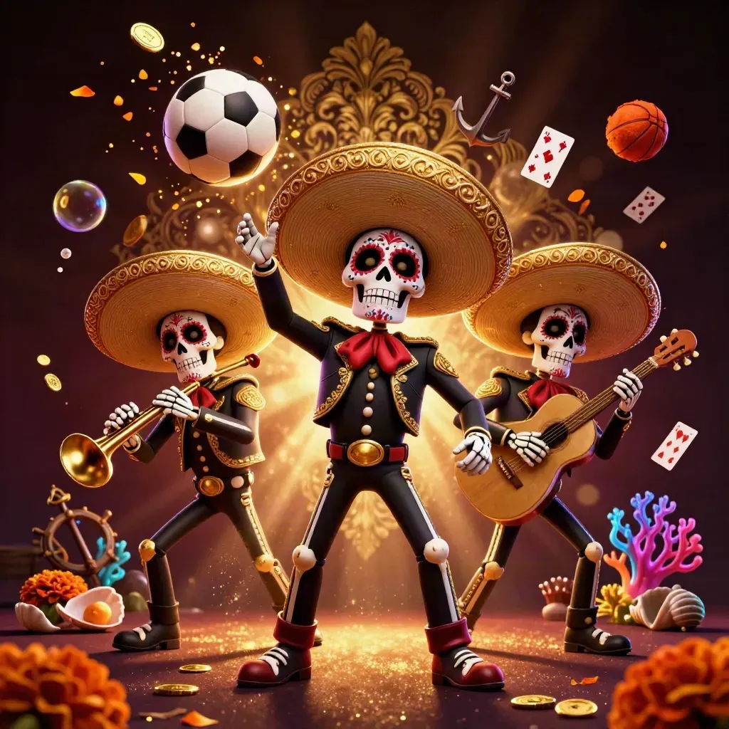 Skeleton mariachi trio amid soccer and basketball burst, gold coins, coral, and casino glow.