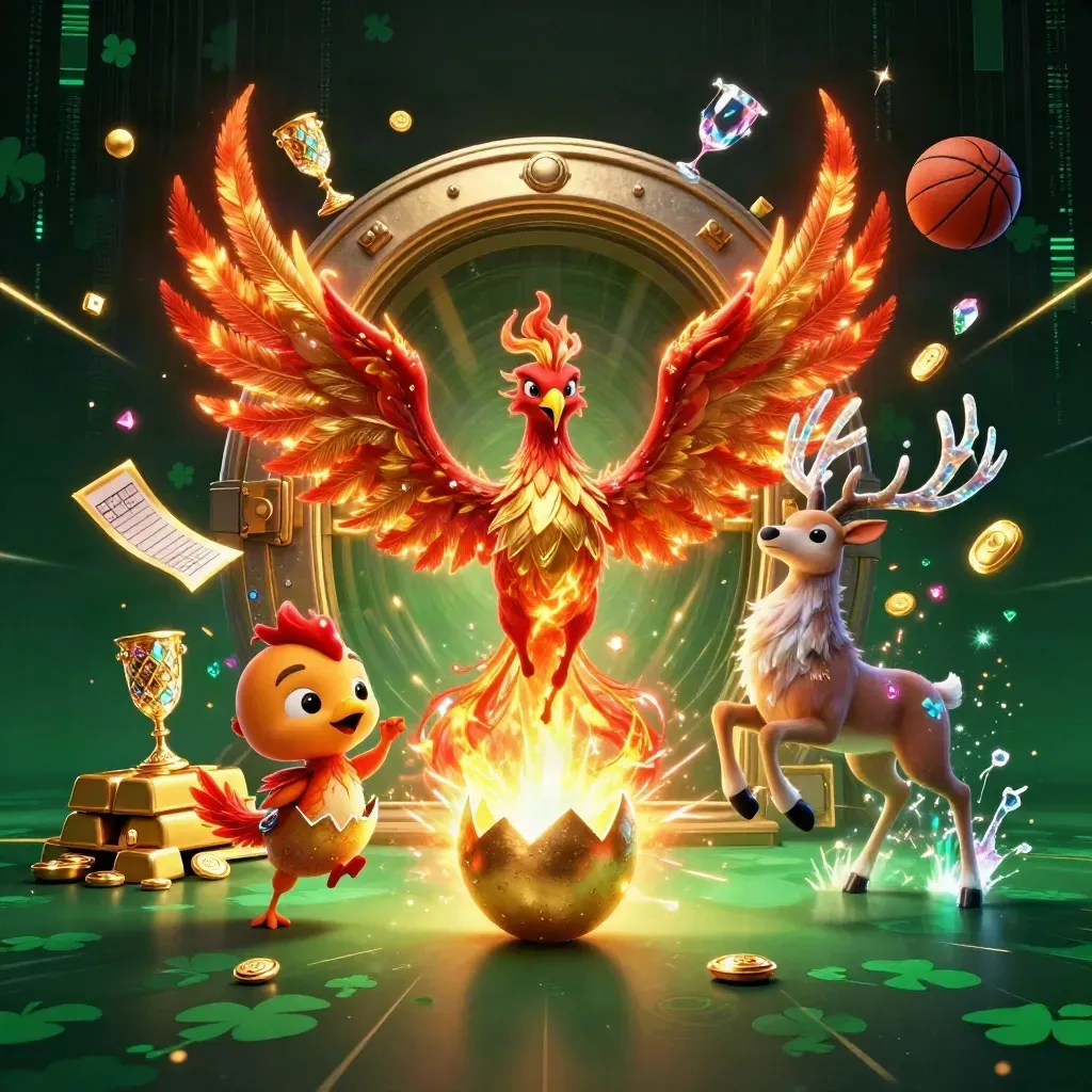 Phoenix, hatchling, and crystal stag burst from a glowing vault in dark emerald casino fantasy.