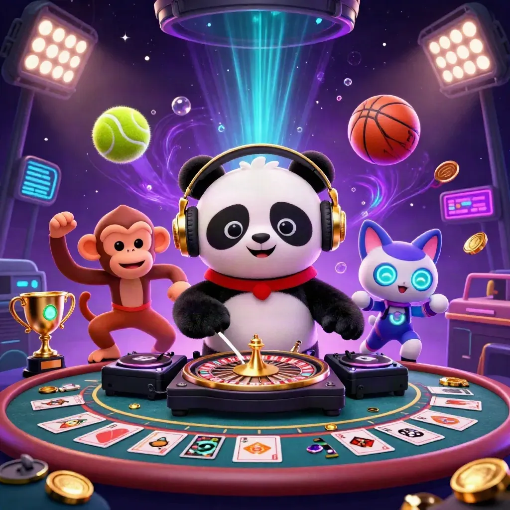 DJ panda, dancing monkey, and glow-stick kitten amid casino lights, gold coins, and spinning wheels.