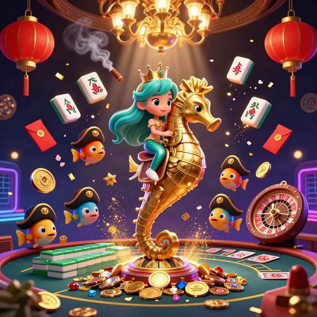 Mermaid princess and pirate fish in a luxe neon casino scene with lanterns, coins, and roulette glow.