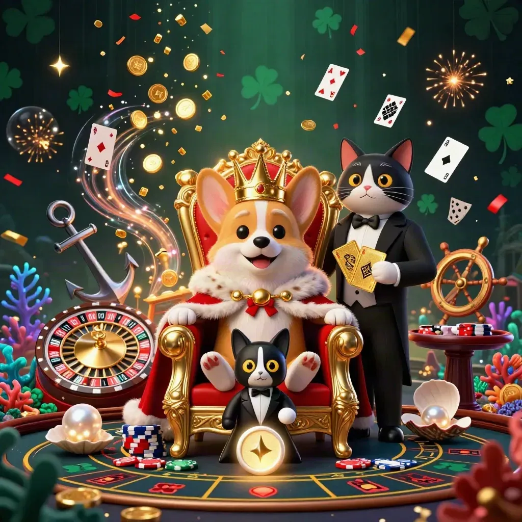 Royal corgi king and cat butler amid casino treasure, coral, fireworks, and glowing gold.