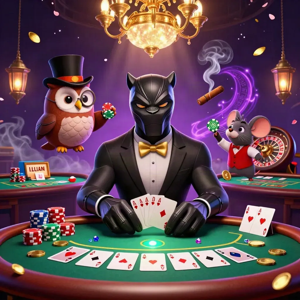 Panther, owl, and mouse at a glowing casino table with cards, chips, roulette, and magical lights