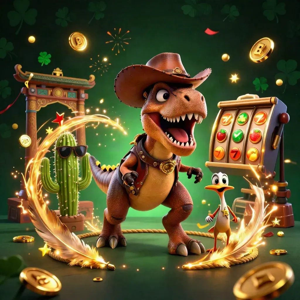 Cowboy T-Rex, cactus sidekick, and roadrunner amid casino treasure and neon energy.