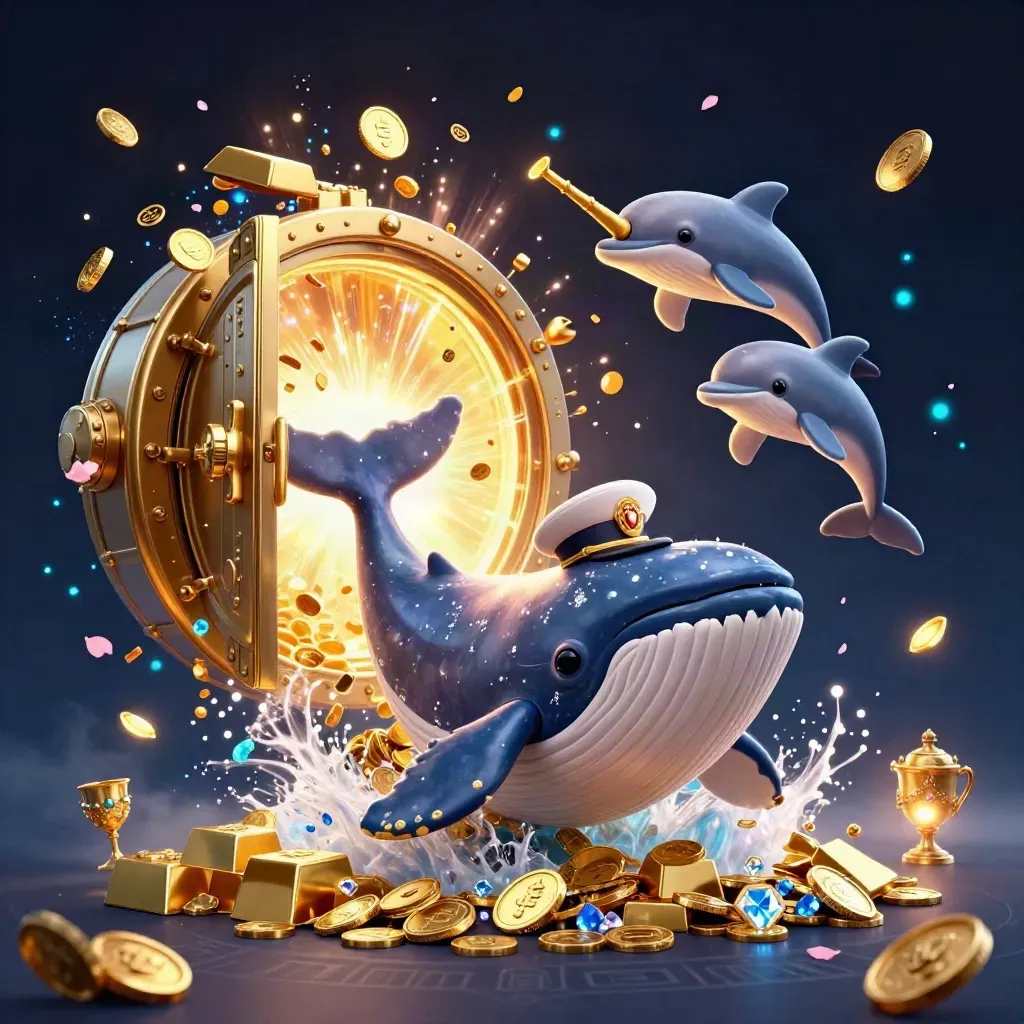 Whale captain, narwhal, and dolphins erupt from coins around a glowing treasure vault.