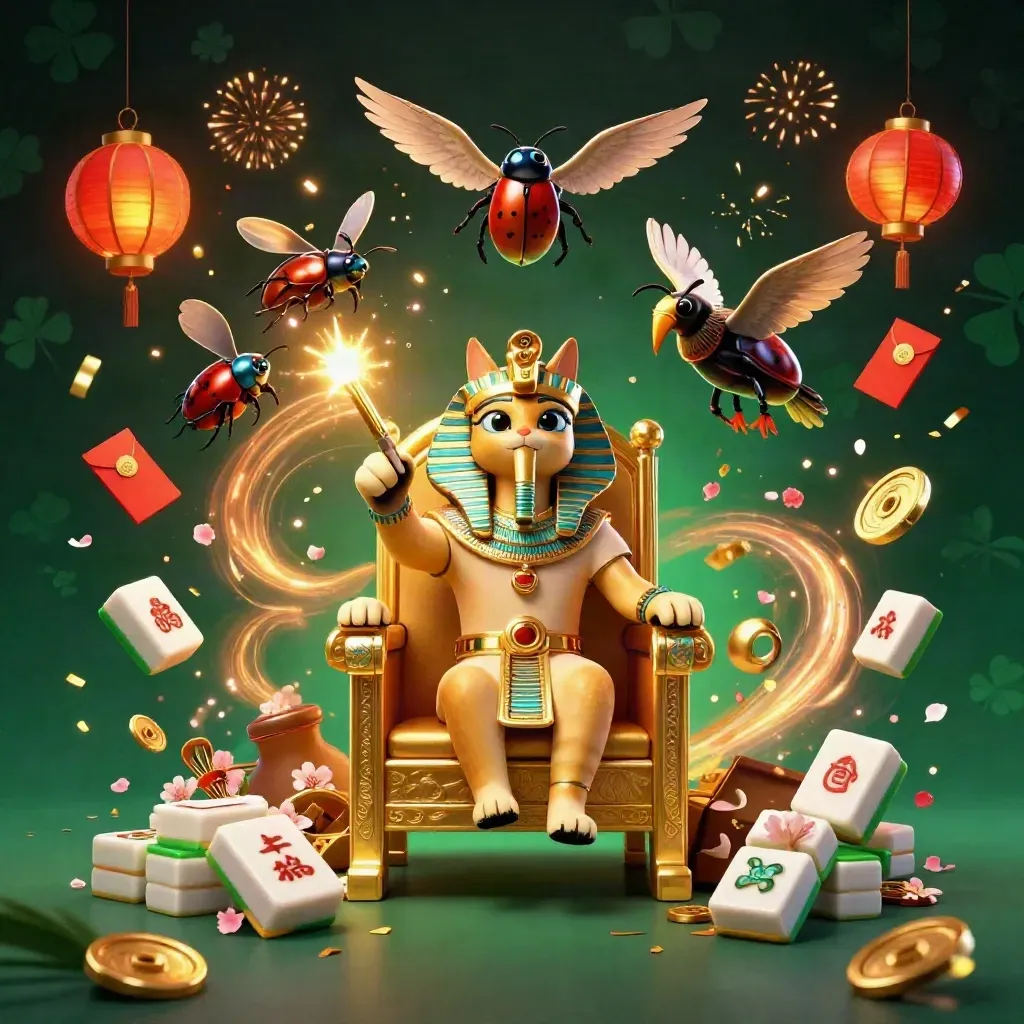 Pharaoh cat on a golden throne with ibis scribe, scarab beetles, and casino treasure bursting around them