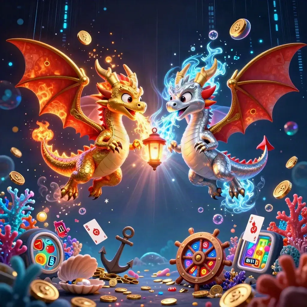 Twin gold and silver dragons spiral in a neon treasure cove with coins, coral, and cyan sparks.