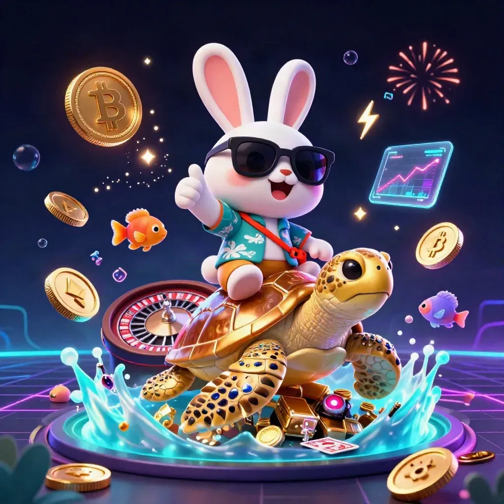 Lucky rabbit rides a gem-shell turtle through coins, crypto icons, roulette, and glowing casino treasure.