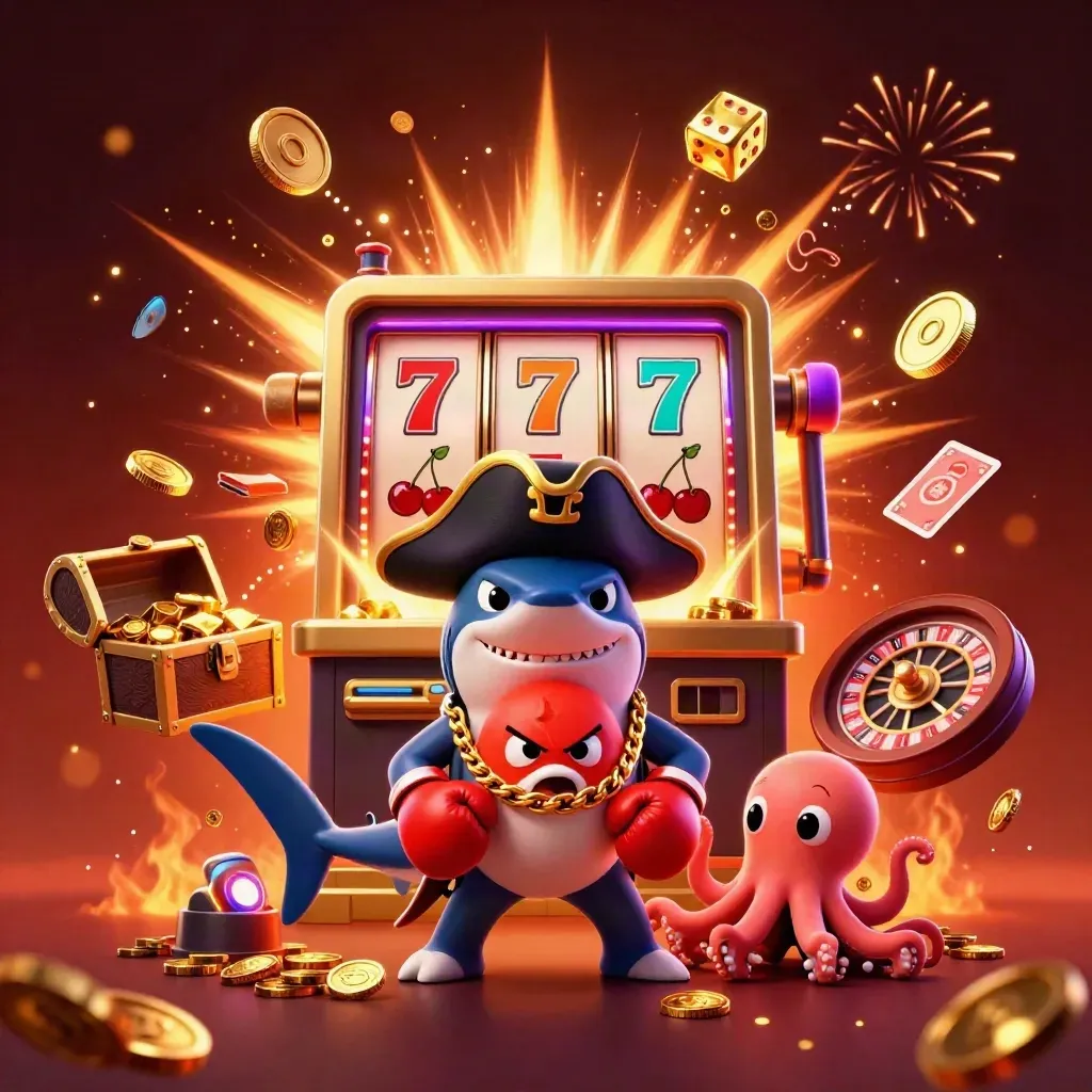 Pirate shark, boxing pufferfish, and juggling octopus amid a casino jackpot burst.