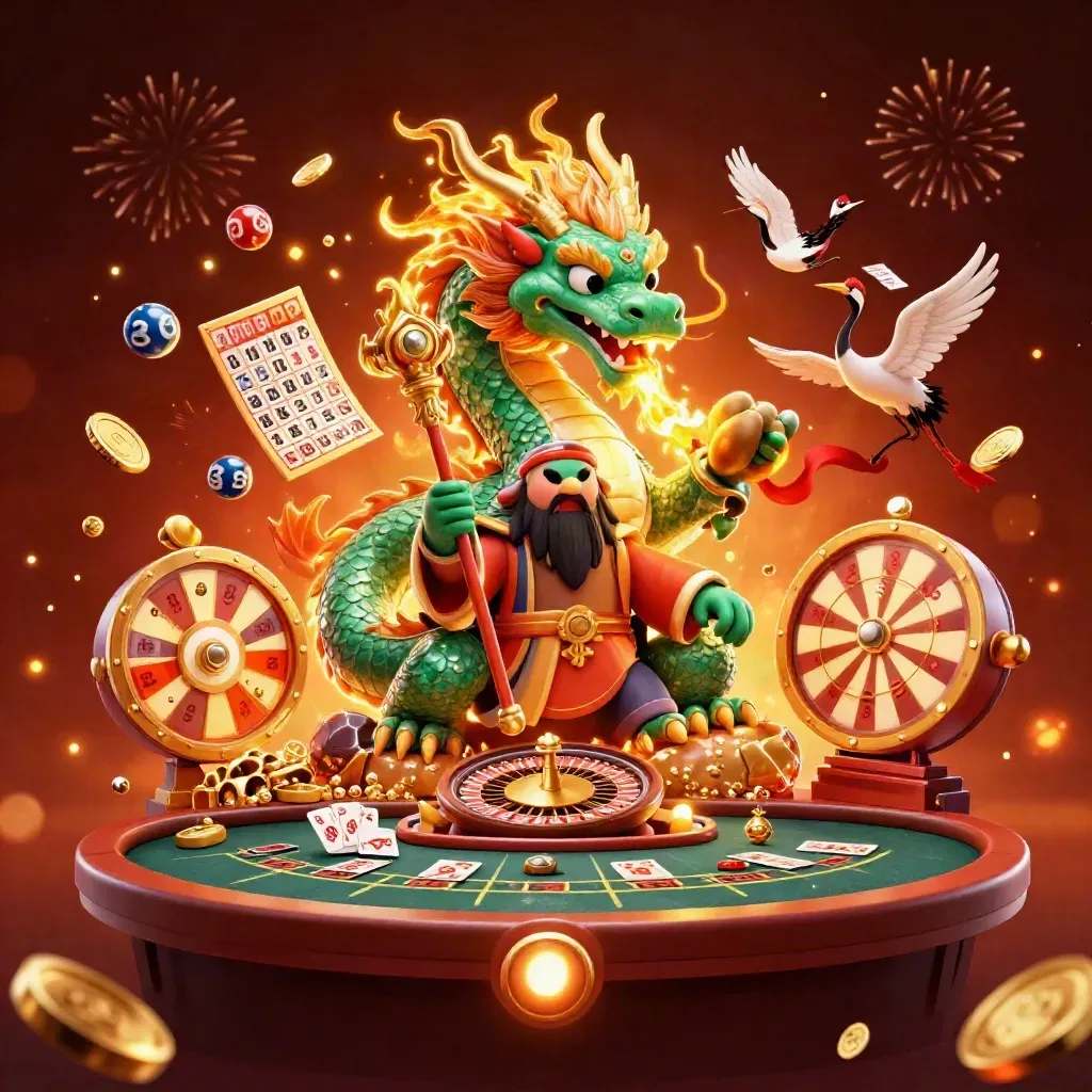 Jade dragon, turtle sage and cranes amid coins, fireworks and casino props in a luxe crimson glow