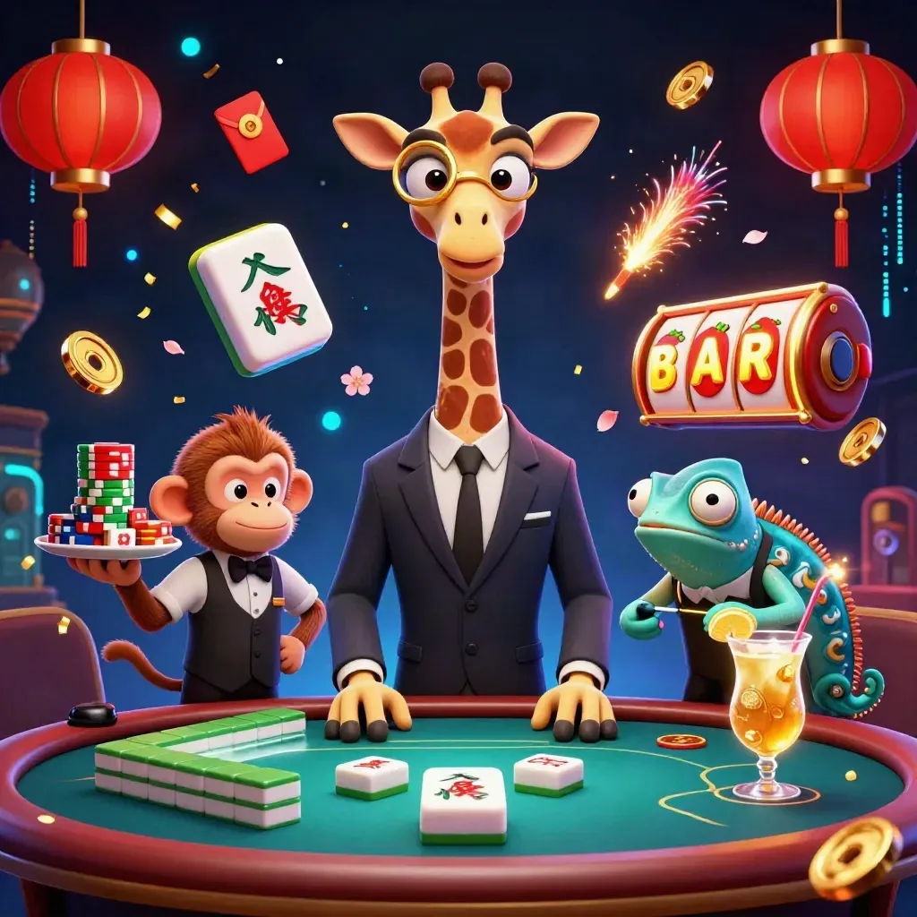 Giraffe high roller with monkey valet and chameleon bartender amid casino magic