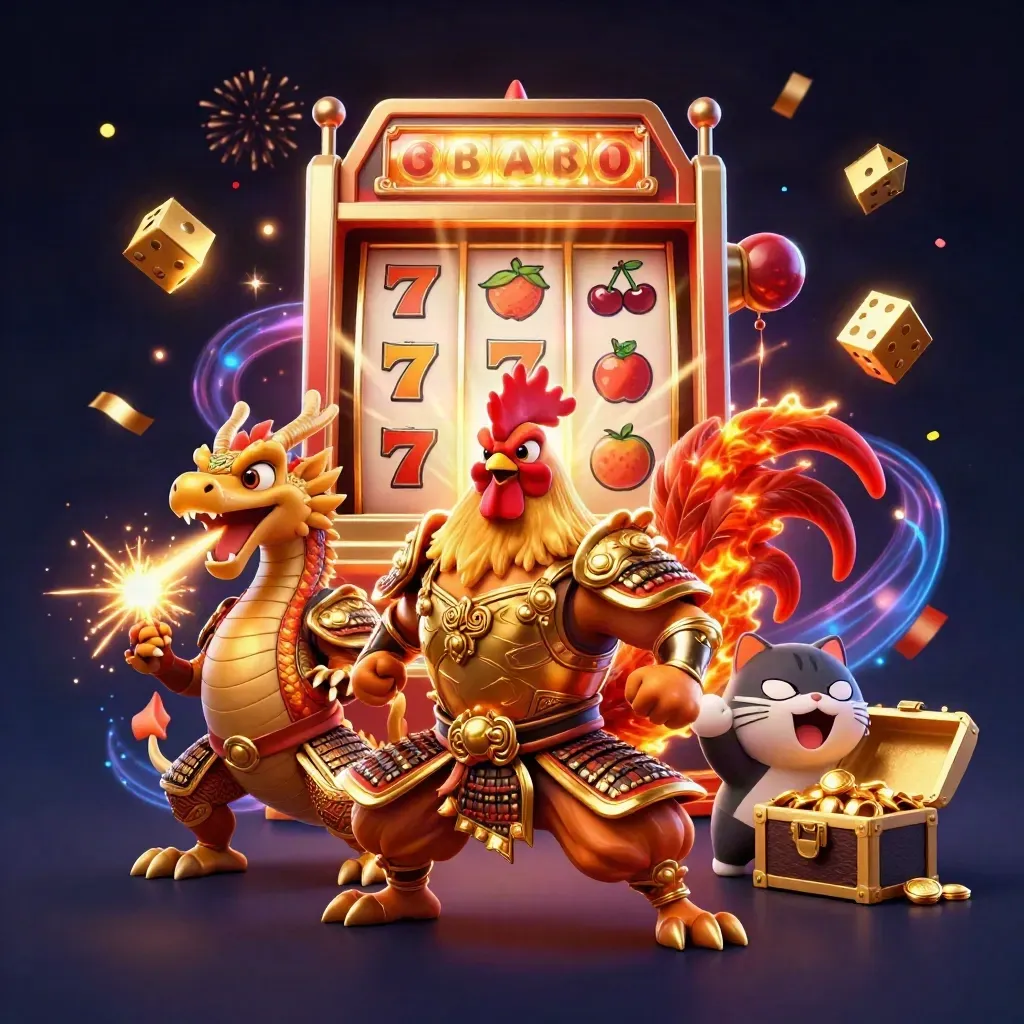 Rooster warrior, dragon hatchling, and fortune cat amid slot bursts and gold in a dark casino glow.