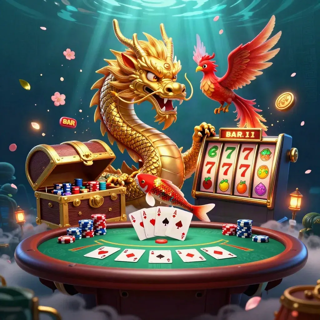 Golden dragon, phoenix, koi, cards and chips in a dark teal casino splash.