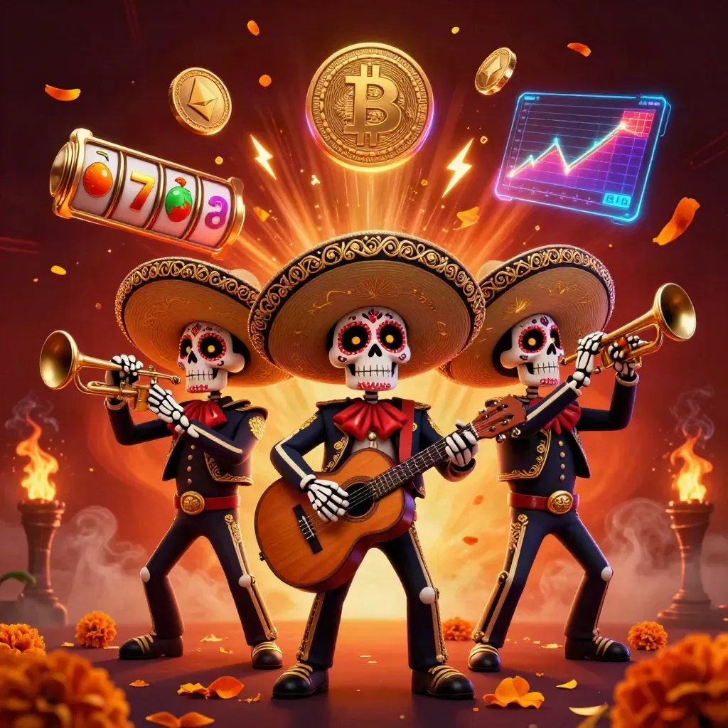Three skeleton mariachi musicians amid casino coins, reels, and fiery ember glow.