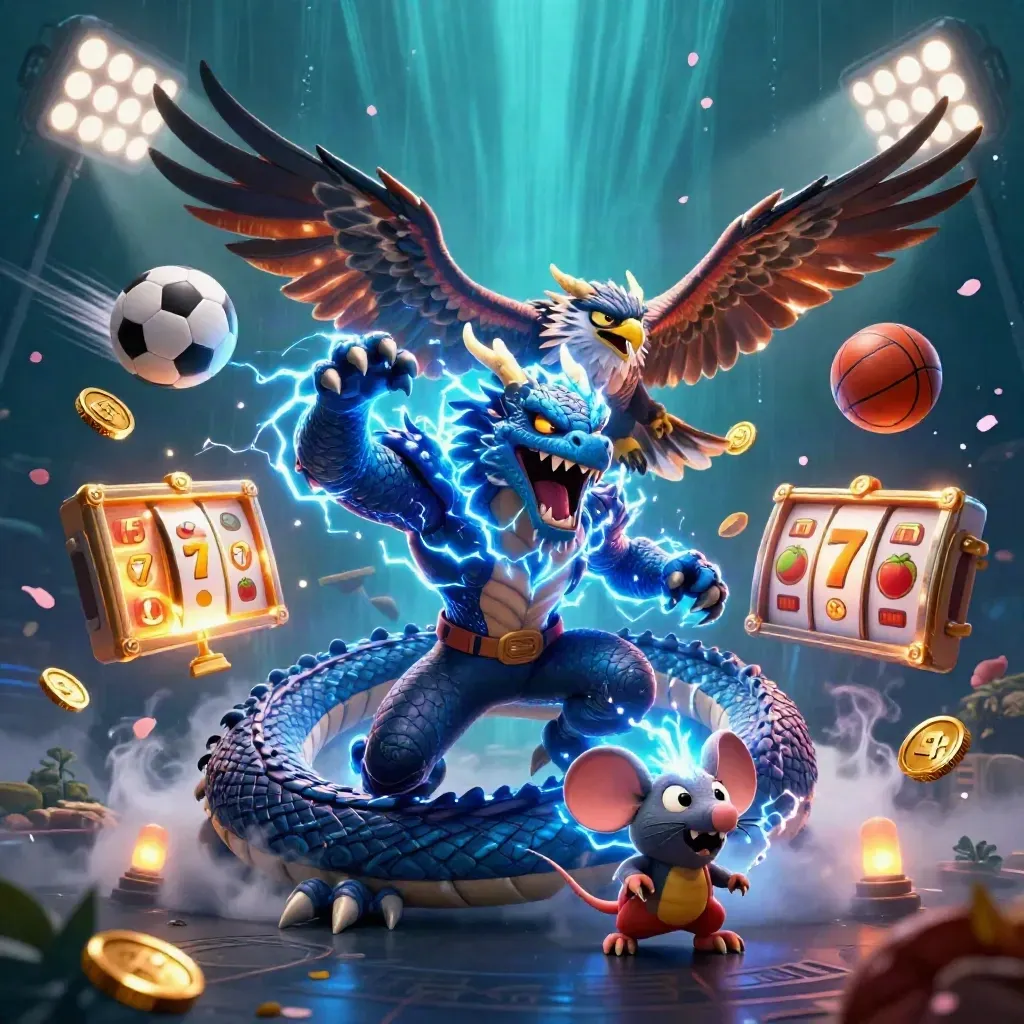 Thunder dragon, wind hawk, and static mouse in a neon casino splash with coins and reels