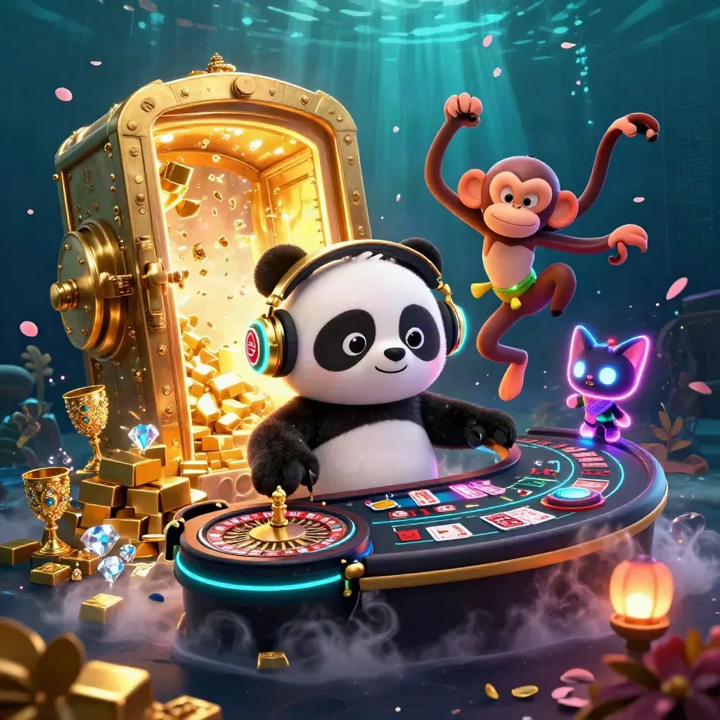 Panda DJ, dancing monkey and glow kitten amid vault gold, cards and neon casino sparks.