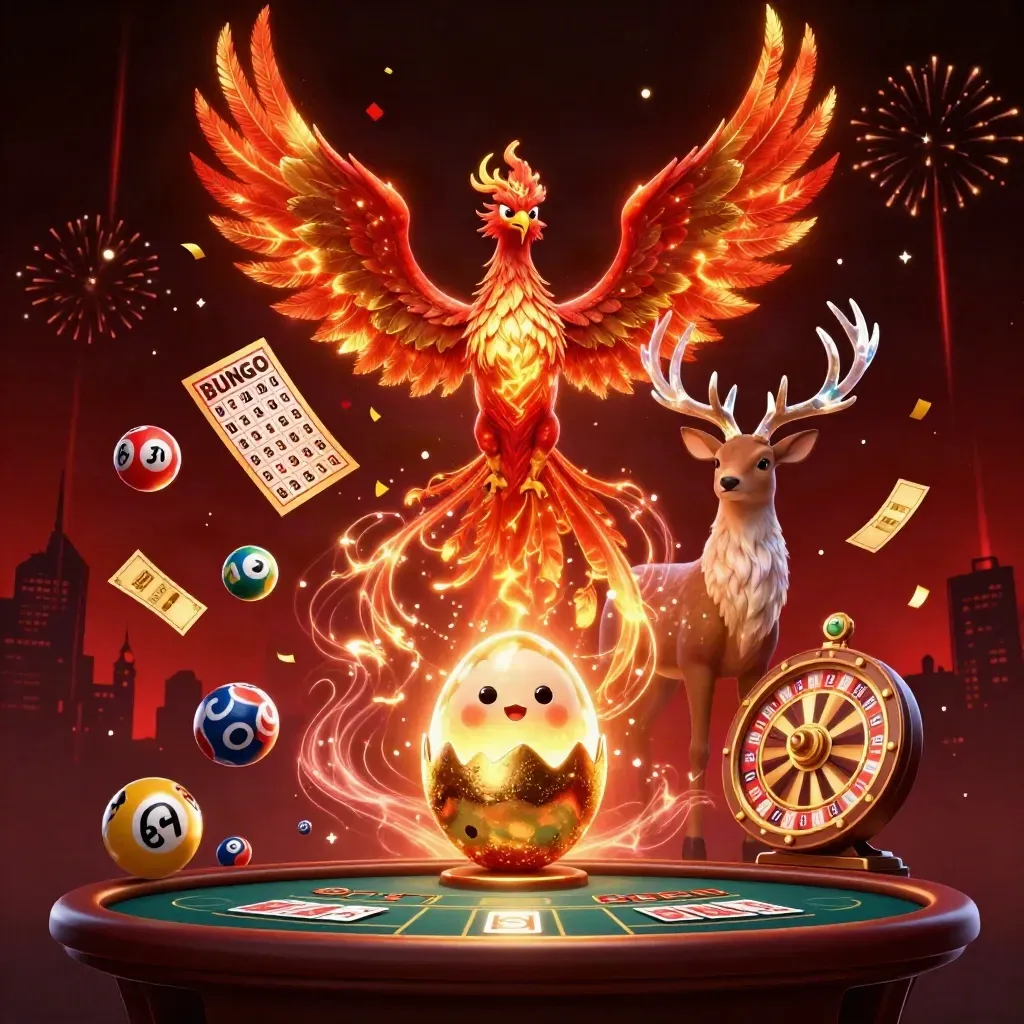 Phoenix, hatchling, and crystal stag amid casino rewards, lights, and confetti