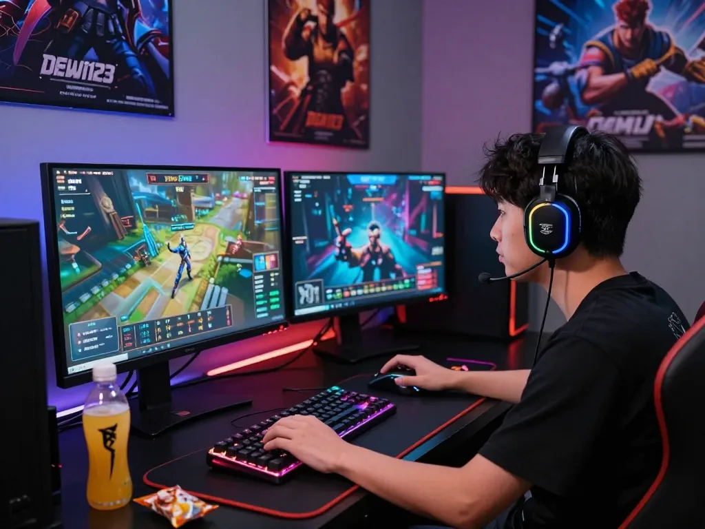 Player engaged in a DEWI123 online gaming session with high-resolution monitors and gaming peripherals, creating an immersive experience.