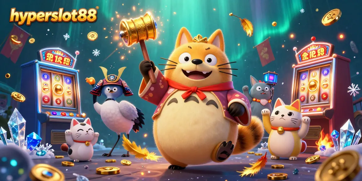 Experience the excitement of hyperslot88 with vibrant characters, slot machines, and golden coins galore.