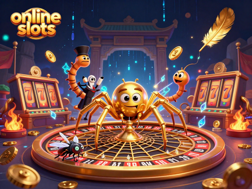 Experience excitement with online slots as a golden spider spins a roulette wheel while a nervous fly bets.