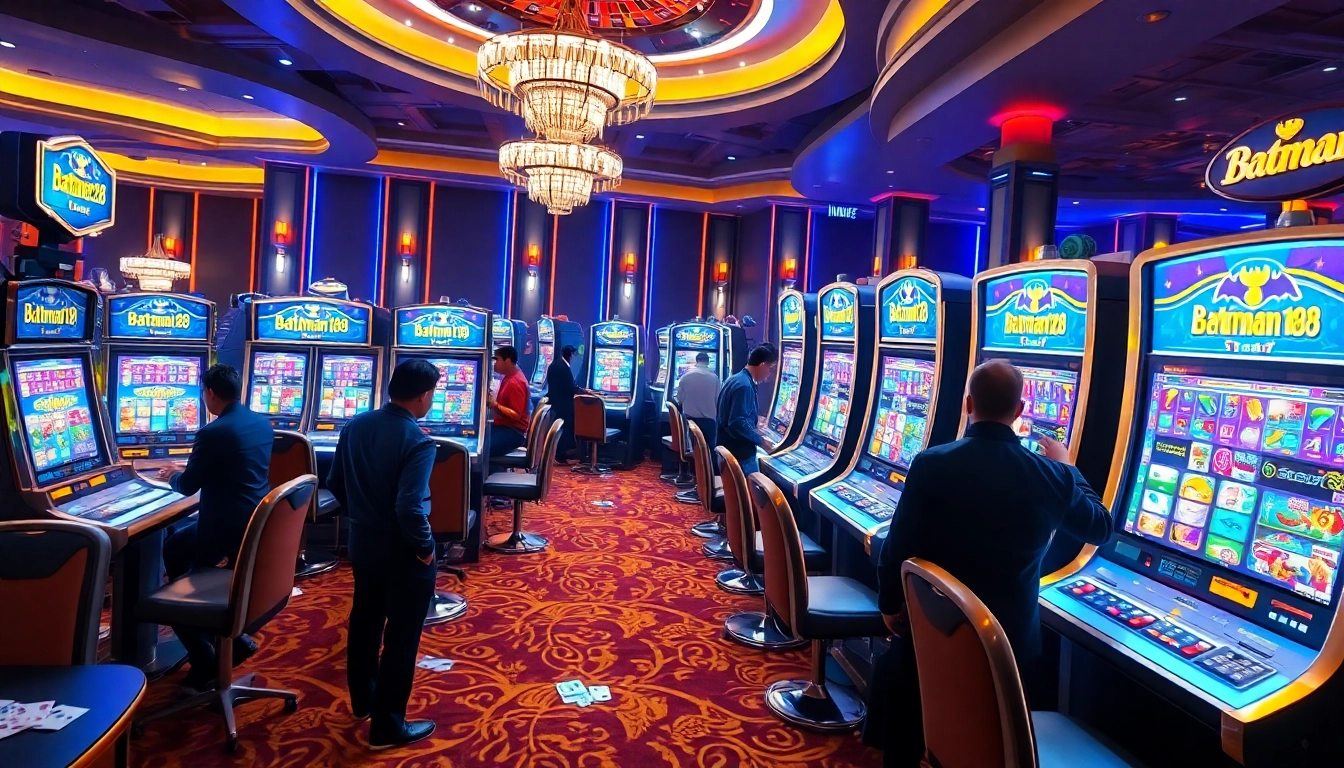 Exciting gamblers engaging with batman138 slot machines in a luxurious casino rich with vibrant colors and high stakes.
