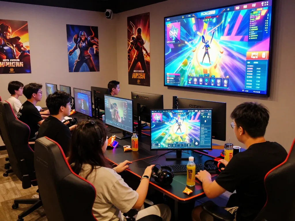Exciting HOKI288 online gaming scene with players celebrating wins in a vibrant environment.