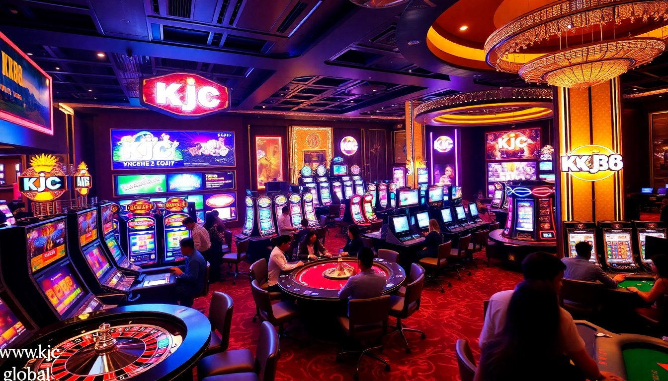 Exciting casino gaming atmosphere at www.kjc.global featuring poker tables and vibrant slot machines.