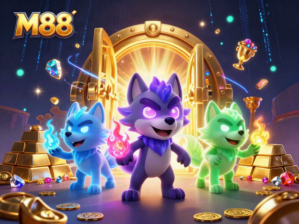 M88 showcases a dynamic casino scene with glowing wolf characters amidst gold treasures and vibrant game elements.