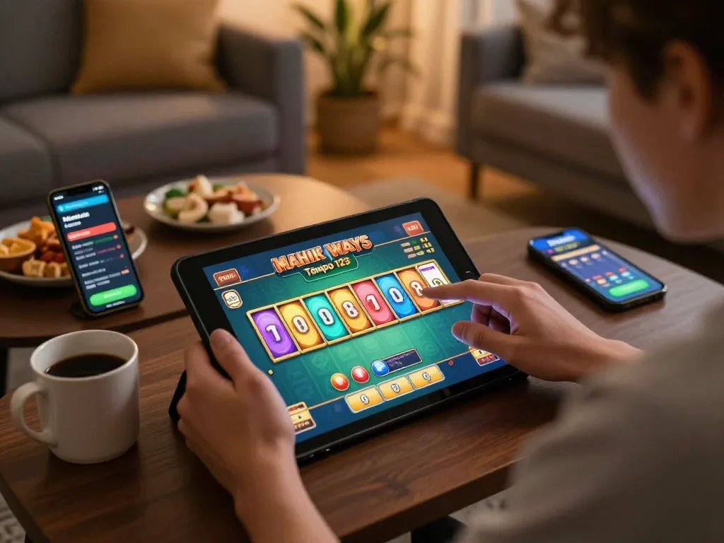 Player engaging with Mahjong Ways on Tempo 123, showcasing an online casino atmosphere with digital reels spinning and competitive spirit.