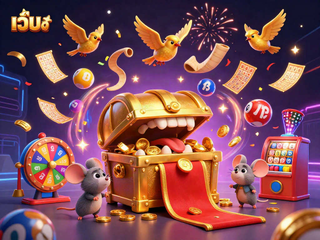 Engaging 3D artwork of เว็บสล็อต showcasing adventurous mice around a treasure chest with vibrant casino elements.
