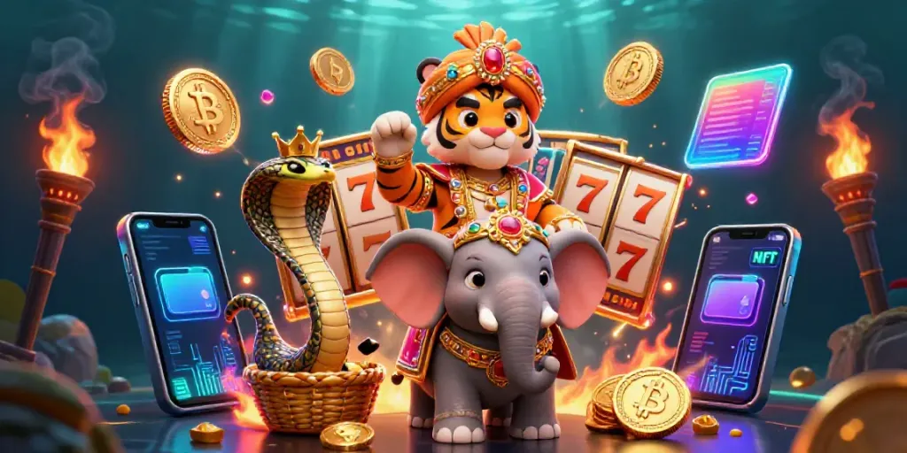 Engage with slot reels and vibrant characters in a dynamic 3D casino scene.