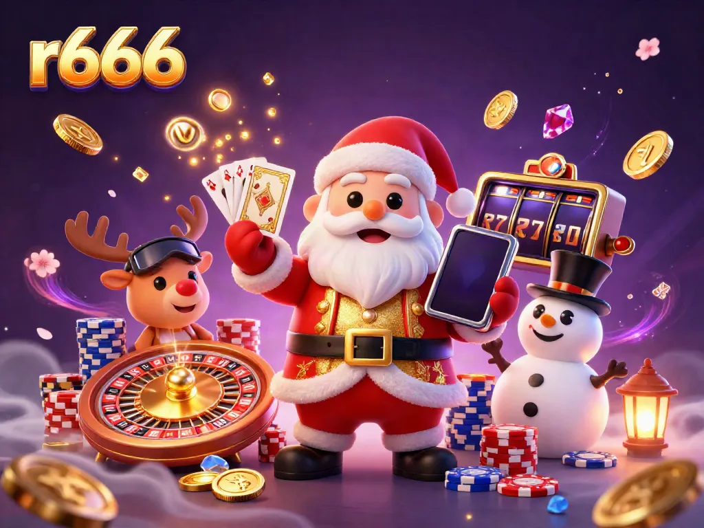 Experience the thrill of r666 casino gaming with Santa, a reindeer dealer, and a poker chip snowman!