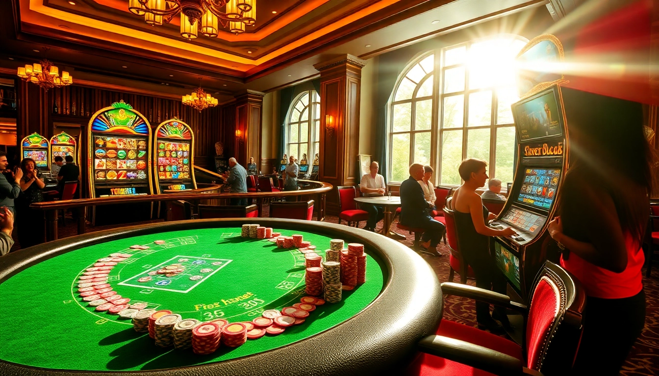 A vibrant casino scene featuring a poker table and slot machine where players enjoy home bdjl-themed games.