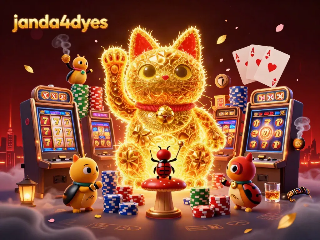 Permainan slot menarik janda4dyes dengan simbol kucing keberuntungan yang hidup dan chip poker berwarna-warni.