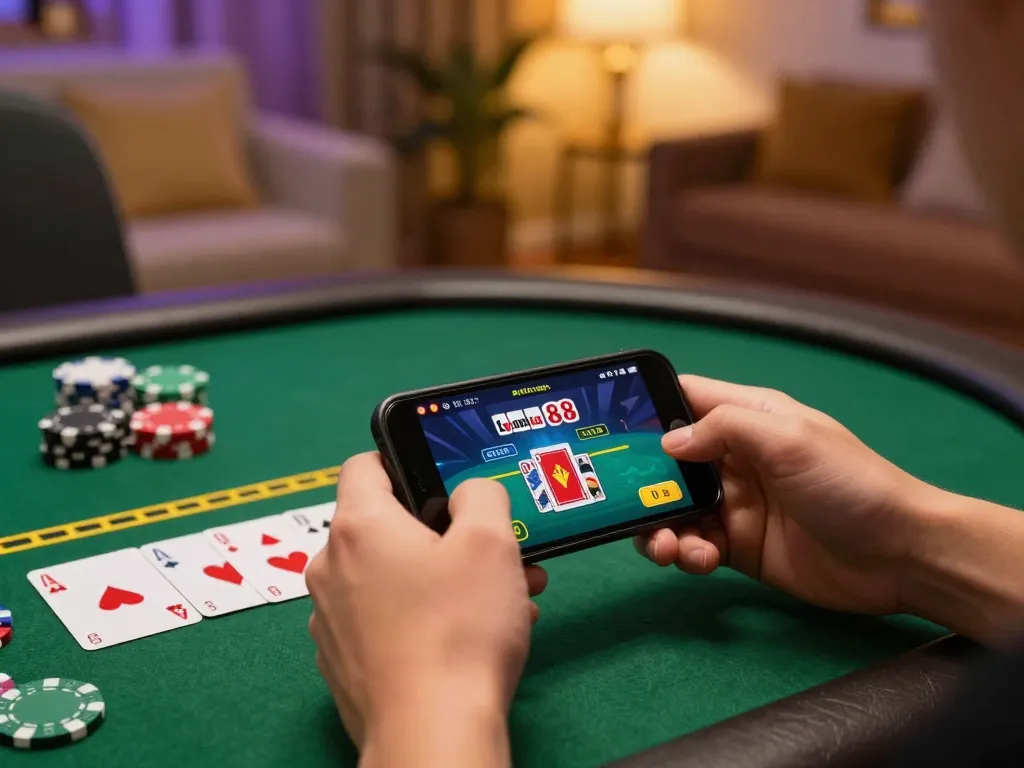 Engaging in live poker betting via gem88 com on smartphone, showcasing dynamic gameplay.