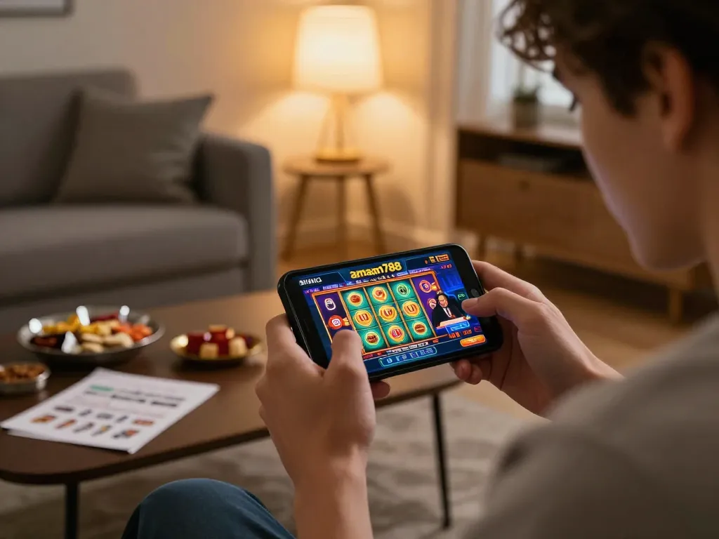 Momennya bermain game mobile yang menarik dengan aman788, menampilkan slot online yang dinamis di smartphone.
