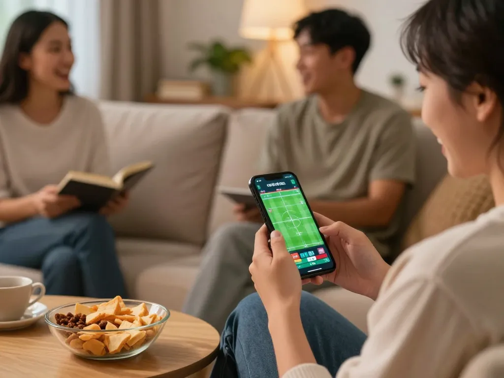 Excited user placing a cược thể thao bet on smartphone in cozy home setting.