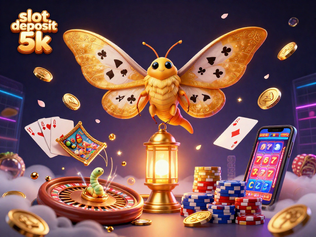 Engage with the slot deposit 5k scene featuring a vibrant atlas moth and casino elements.