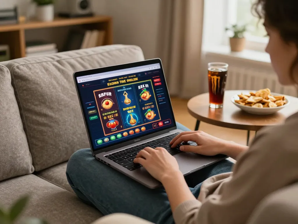 cm88 online gaming in a cozy home setup with laptop displaying casino interface and snacks nearby