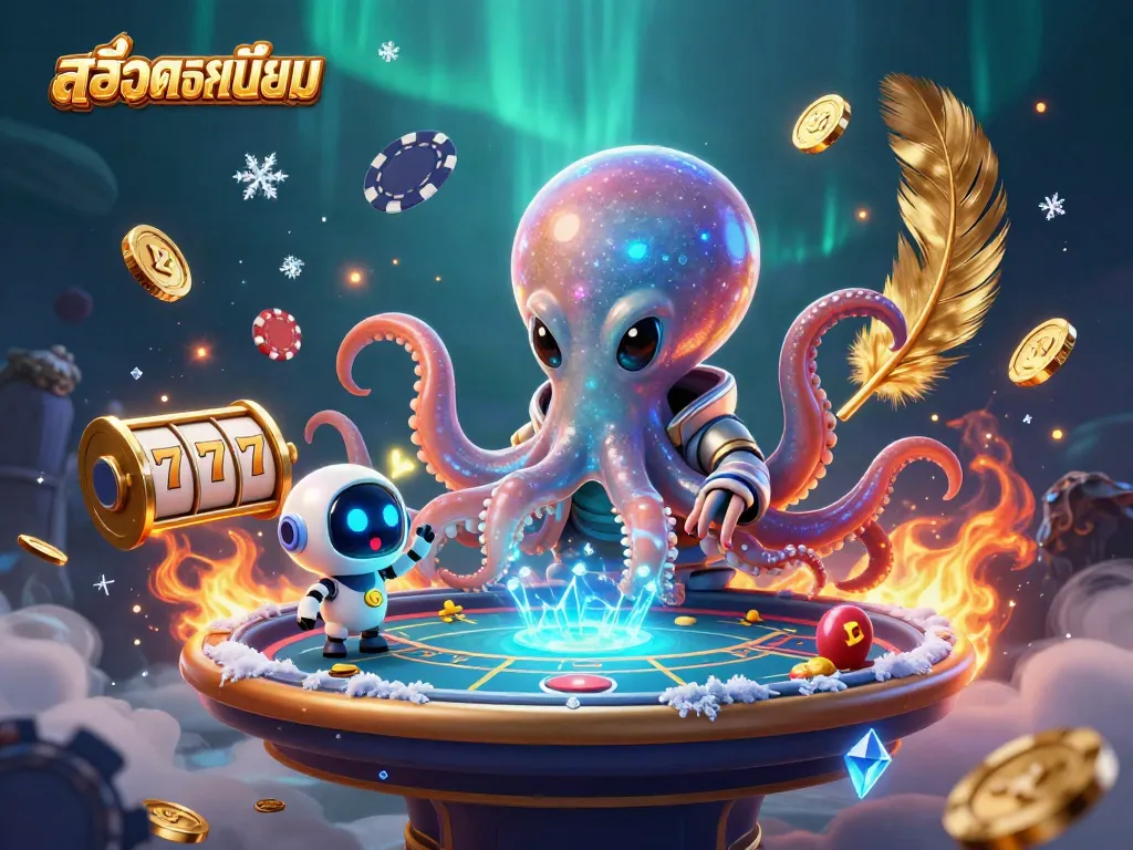 Play สล็อตยอดนิยม with excitement featuring a vibrant casino scene of an alien octopus and robot in action.