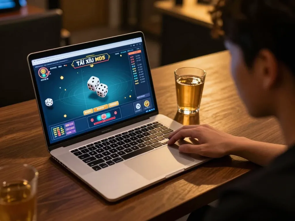 Tài Xỉu MD5 game interface displayed on a laptop with a focused player at home.
