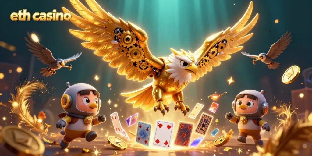 Engage in thrilling gameplay at eth casino with a cybernetic eagle conquering holographic cards.