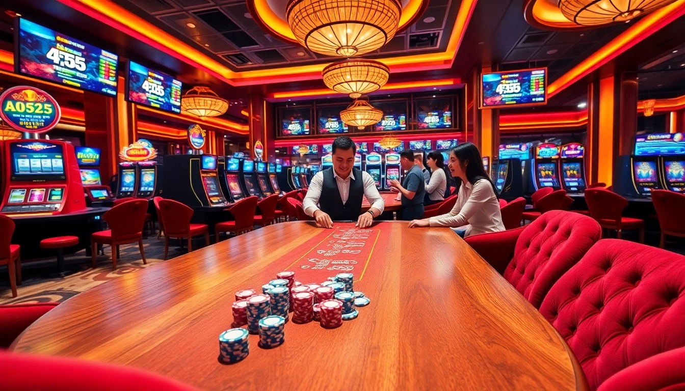 KK55 casino scene with players engaging at poker tables and vibrant slot machines.