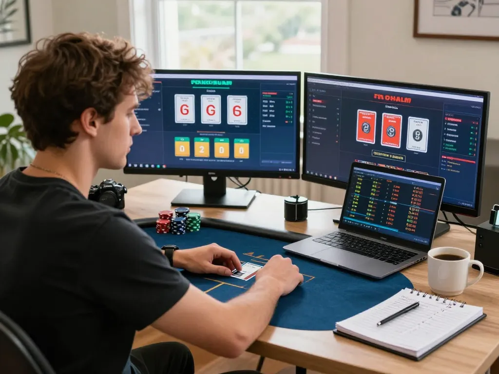 Player strategizing on lu88 online poker setup at home with multiple screens and notes