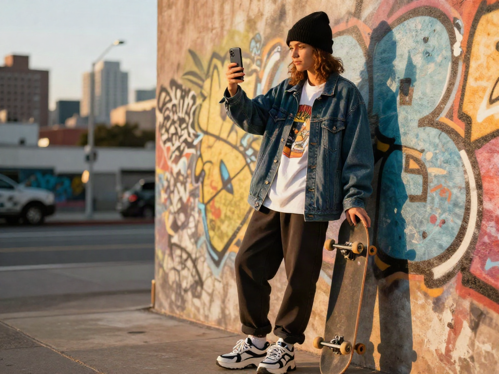 Fashionable individual posing in trendy streetwear by a graffiti wall, capturing their moment with a smartphone in urban setting, perfect for the slot theme.