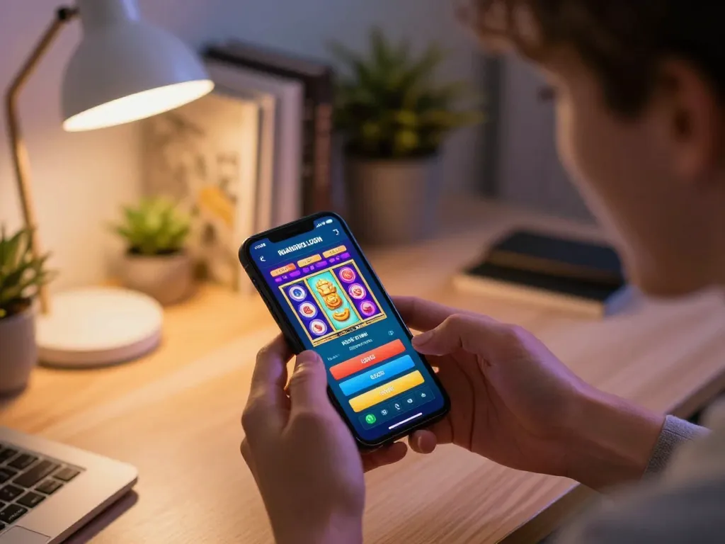 Engaging mobile gaming moment displaying RUANGWD LOGIN app with colorful slots on screen.