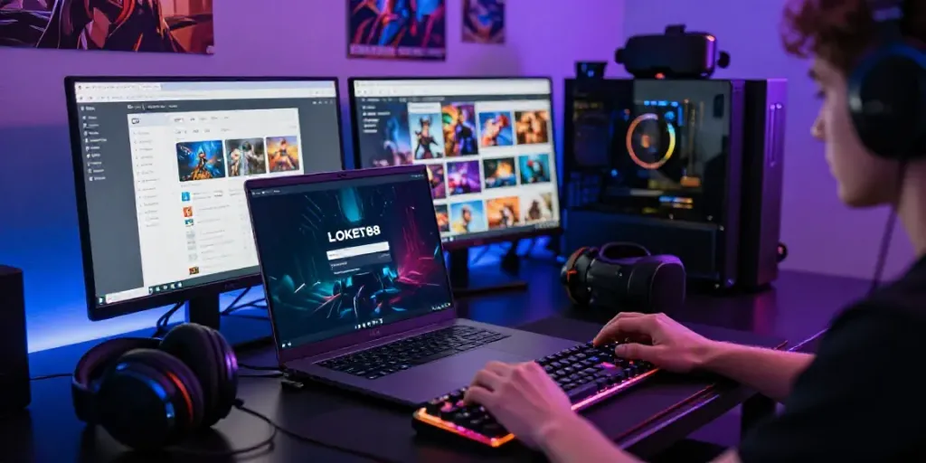 Engaging user interacting with LOKET88 login on a modern gaming laptop in a vibrant ambient setup.