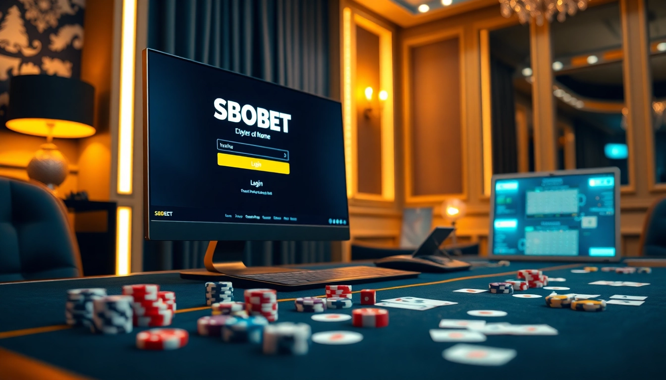 Sparking interest with sbobet login interface on a premium gaming setup filled with poker chips and dice.