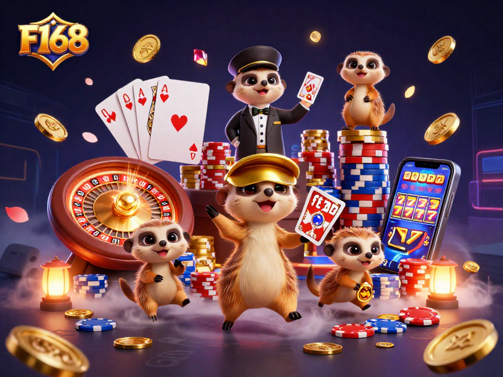 F168 casino scene with meerkats dealing cards and sneaking chips, vibrant and dynamic.