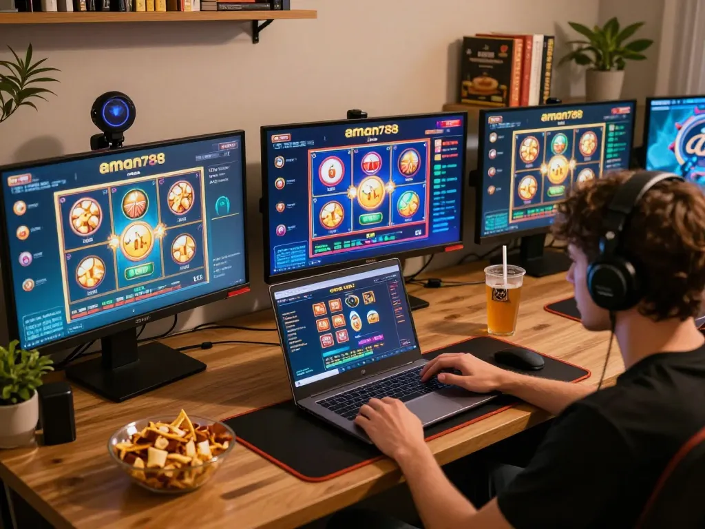 Seorang pemain menjelajahi kasino online aman788, menikmati pengalaman bermain yang dinamis dengan permainan slot yang ditampilkan