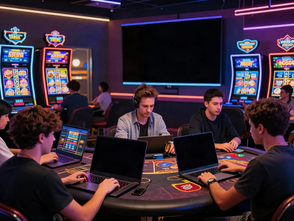 Exciting gaming scene with players enjoying A80 casino games on smartphones and laptops.